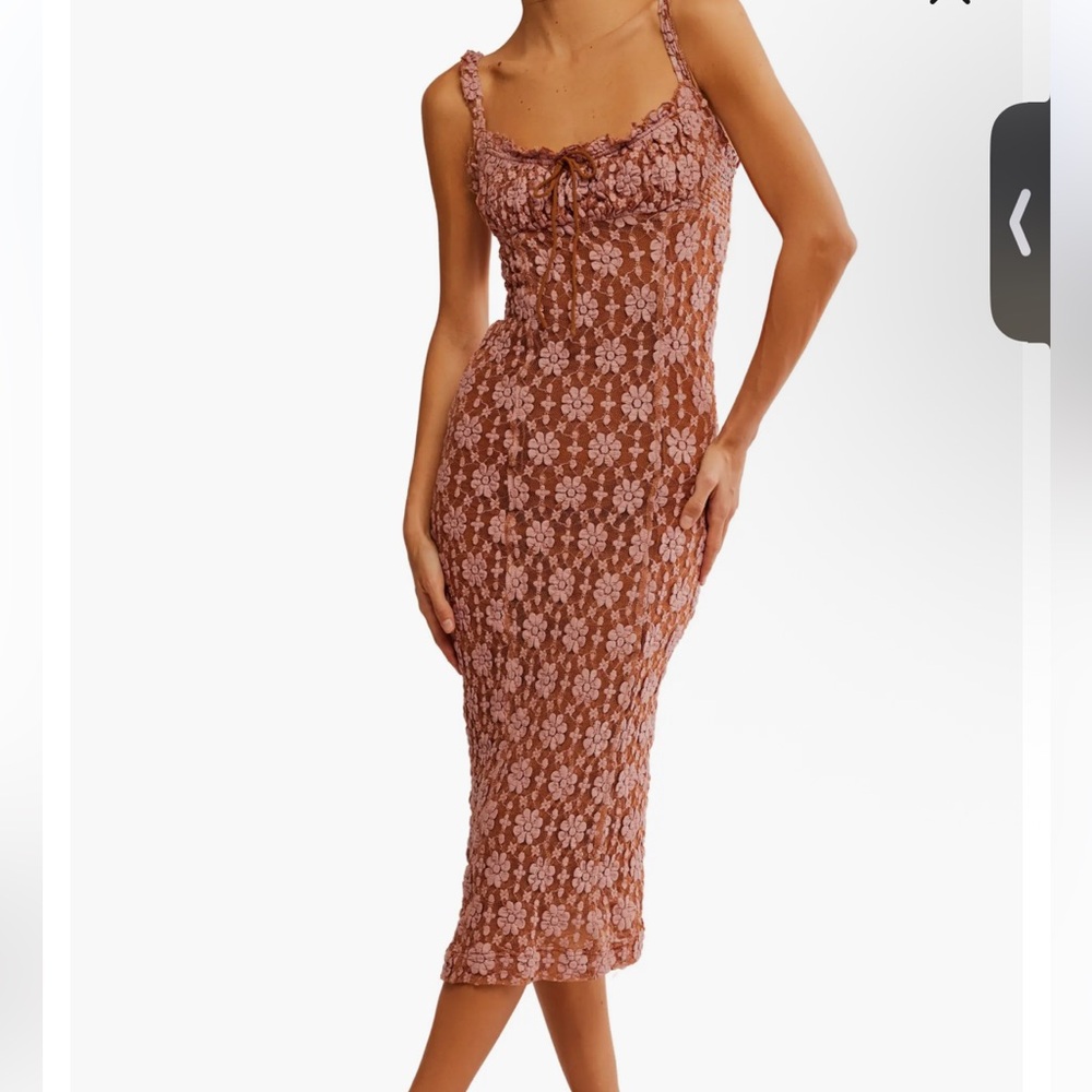 Free People Lucinda Women's Pink Brown Floral Lace Midi Dress Size Large
